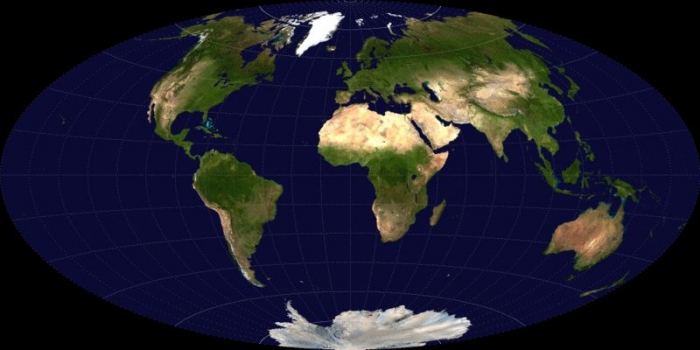 Image of a map of the Earth illustrating an Aitoff projection that shows the entire spherical Earth on a single flat map.